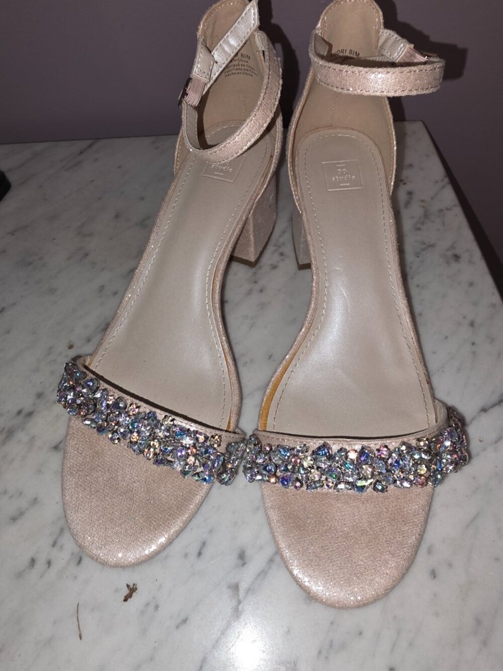 David’s Bridal Nude Rhinestone Heels Sz 8.5 Wedding Formal Block Heel